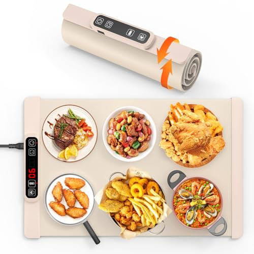 LUCKEA Food Warming Mat, Electric Warming Tray with 5 Adjustable Temperature Control, Foldable Food Warmer for Parties, Precise Heating Time and Child-Lock, Large Hot Plate for Buffet (Beige)