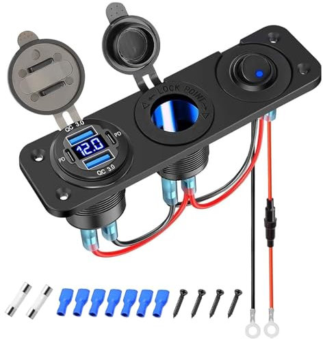 Cargador Mechero Coche 3 en 1 con Tipo C PD y QC3.0 Toma USB Coche Encendedor de Cigarrillos Voltímetro de LED y Impermeable Interruptor para Moto Camión Barco Marina