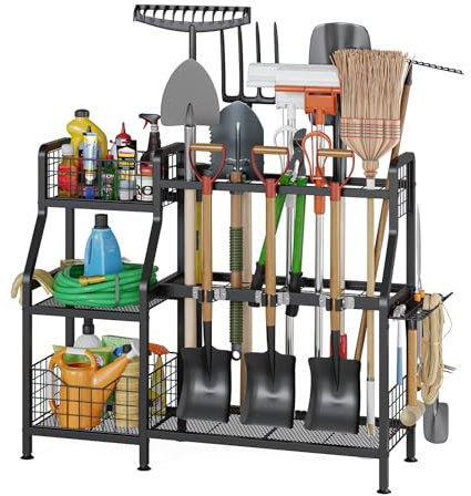 keomaisyto Garden Tool Organizer with 6 Wheels(3 lockable), Heavy Duty Yard Tool organizer with 2 Basket, Large Metal Garage Tool Organization and Storage for Garage/Shed/Yard/Broom Closet/Lawn