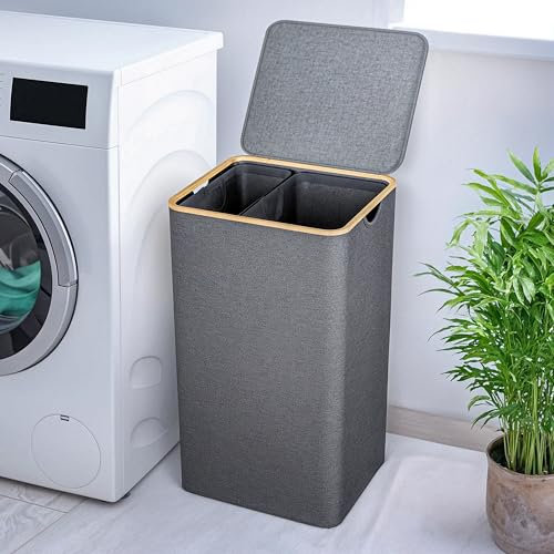 Björn&Schiller Wäschekorb 2 Fächer mit Deckel 100L, grau, schmal und hoch, Wäschesammler 2 Fächer, Wäschepuff mit Deckel, Wäschebox mit Fächern, waschbare Innentaschen, mit Bambusrahmen