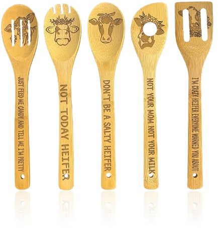 Umimiss Highland Cow Kitchen Accessories - Hiland Cow Décor for Kitchen, 5 Pcs Bamboo Spoons for Cooking, Wooden Kitchen Spoons, Bamboo Kitchen Utensils Set, Cow Themed Gifts for Highland Cow Lovers