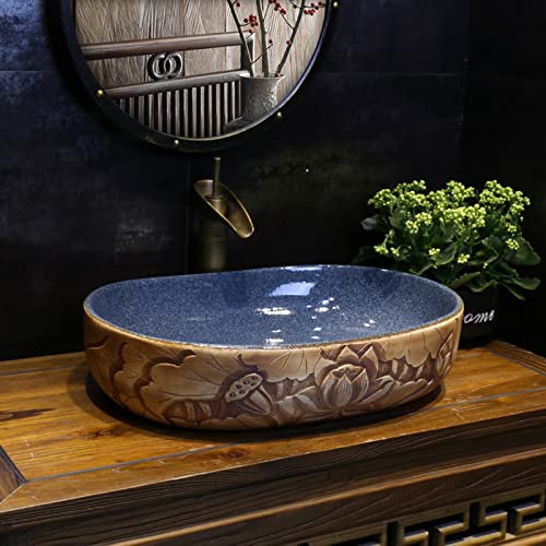 WOTZOV Lavabo de Salle de Bain en céramique Moderne et Artistique, Vasque Ovale à Poser, Meuble de lavabo de Cuisine pour vestiaire 58 x 42 x 14 cm