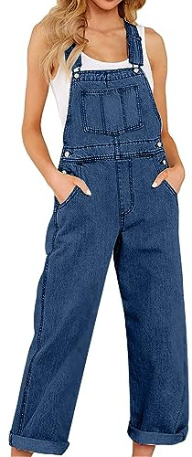 Denim Jumpsuits for Women Loose Fit Denim Dungarees Long Straight Leg Overalls Jeans Pants Regular Fit Bib Overalls with Adjustable Strap Ladies Baggy Jumpsuit Cowboy Pants Trousers with Pockets