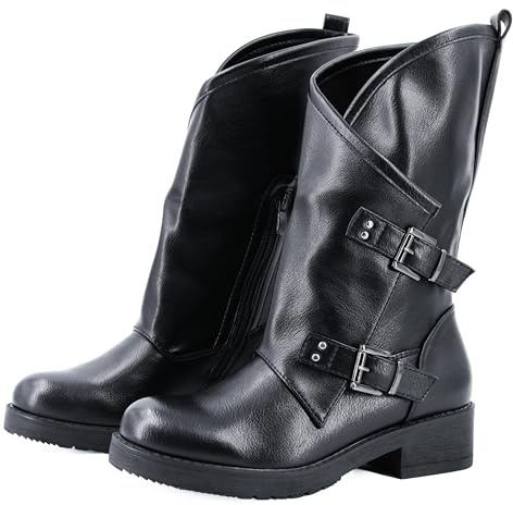 JOMIX Stivali Donna Biker Fashion con Fibbie Laterali Stivaletti in Pelle Sintetica con Cerniera Casual e Chic NXW2508 Nero 41
