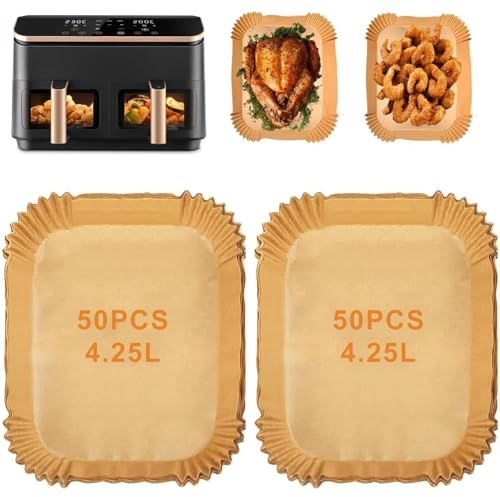 Airfryer Papel de horno para COSORI Dual Zone Air Fryer XXL 8,5 L, Cookwise 9L AF2-40D06, 100 unidades de 21 x 17 cm, papel de horno para freidora de aire caliente, resistente al calor, antiadherente