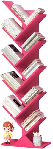 LELELINKY libreria a forma di albero, scaffale verticale a 10 livelli per libri/CD/riviste, libreria DVD in legno, per soggiorno, camera da letto e ufficio, colore rosa