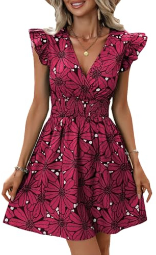 XIVISTO Mujer Vestidos de Verano Estampado de Flores Mini Vestido Sin Mangas Volantes Vestido de Playa Elegante Bohemio Vestidos con Cuello en V