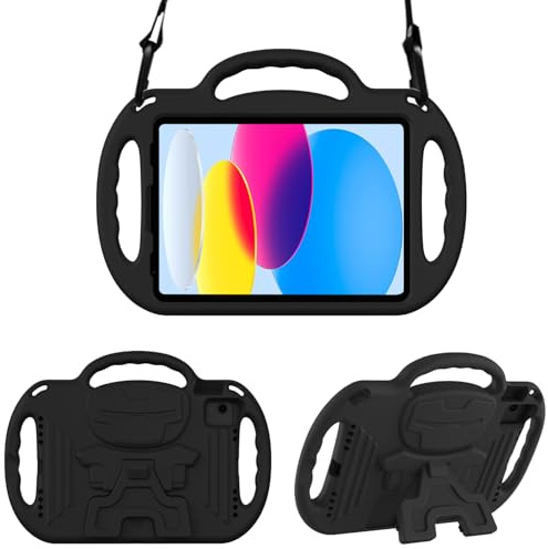 Surom Case for iPad A16 11th Gen 11 2025/10th Gen 10.9 2022, Black | Kids Case for Air 11 M3/M2 2025/2024, 5th/4th Gen 10.9 2022/2020 & Pro 11, with Shoulder Strap Handles Stand