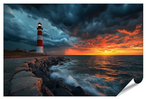 islandburner XXL Bild Poster Leuchtturm bei stürmischem Sonnenuntergang Premium Bilder Fotodruck