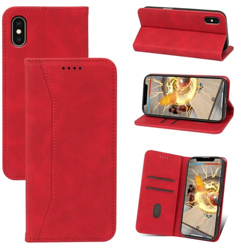 Qizyemy Funda Compatible con iPhone XS/iPhone X(5.8),Premium Flip Billetera Funda de Cuero,Soporte Plegable,Funda de Piel con Cierre magnético,función de Soporte y Ranuras para Tarjetas(Rojo)