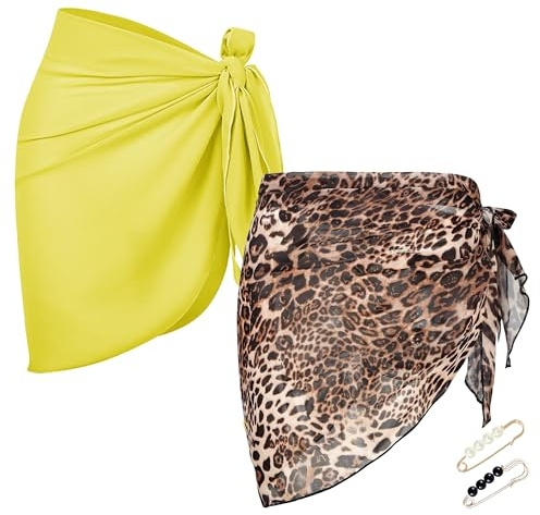 PYSEOSISE Pareos Playa Mujer, 2 Piezas Bikini Cover Up, Chiffon Falda Pareo Translúcida Traje de Baño de Gasa Falda de Playa Corta con Broche para Mujer Playa Vacaciones