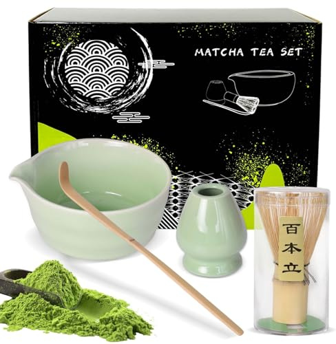 Matcha-Set, Matcha-Schale mit Ausguss, Matcha-Rührer,Matcha-Besen, Matcha-Löffel, Keramik-Matcha-Set, 4-teiliges Matcha-Tee-Set für Matcha-Liebhaber, perfekt für Matcha-Zubereitung