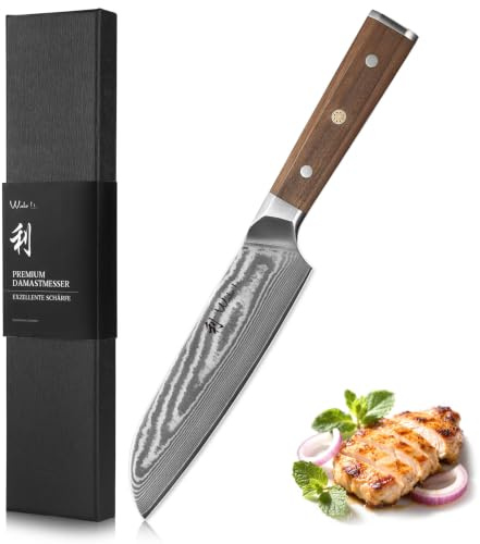 Wakoli Hickory Santokumesser 18 cm, 67 Lagen Damaststahl mit VG10 Stahlkern | Full Tang, Griff aus Walnussholz, 15° V-Schliff beidseitig, 60 ± 2 HRC, für Fisch, Fleisch und Gemüse, passgenaue Geschenkbox