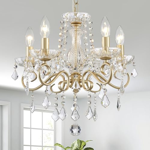 Saint Mossi 5-flammiger Kristall-Kronleuchter Moderne Hängeleuchte für Esszimmer, Schlafzimmer & Wohnzimmer mit Klaren Kristallen, Gold Lackierter Rahmen (H40x B43x L43 cm) E14 Fassung