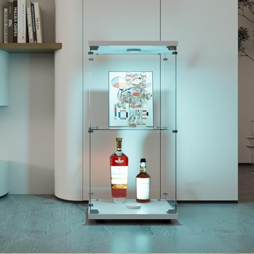 Vetrina in Vetro a 2 Ripiani con LED, Vetrinetta Espositiva con Ante e Serratura, Vetrina Soggiorno Moderna, per Camera da Letto, Soggiorno e Sala da Pranzo, 40,35x36,5x86,2 cm, Bianco