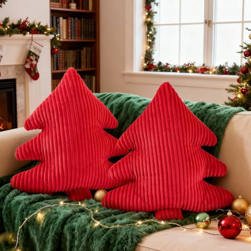 Lanpn 2 Stück Weihnachtsbaum Kissen Weihnachtskissen, Schmale Streifen Weihnachts Kissen Dekokissen Flauschiges Zierkissen für Party Bett Sofa Couch Innenbereich Weihnachtsdeko (Rot, 45,5x41cm)