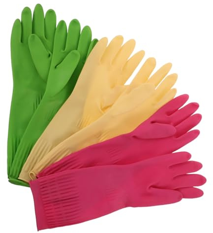 minkissy 3 Pairs Thickened Latex Cleaning Gloves Reusable Non Slip Dishwashing Mitts with Extended for Kitchen Bathroom Household Protection Green Pink Natural