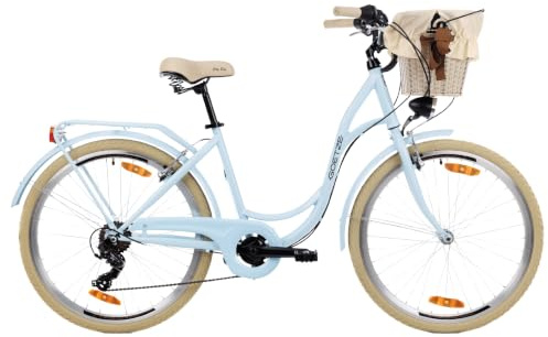 Goetze Mood 26 Zoll Damenfahrrad, Retro City Bike, 6-Gang mit Korb | Tiefeinsteiger mit Korb, LED-Licht und Shimano Tourney Schaltung für Alltag, Stadt und Freizeit