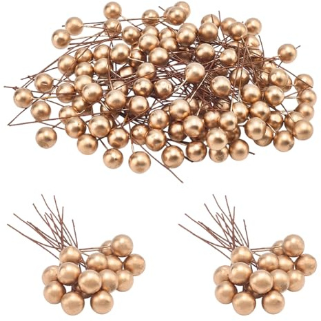 CRASPIRE 200 pz di Bacche di Agrifoglio Natalizie Bacche Artificiali Decorazioni in Oro Piccole Ghirlande di Frutta in Plastica Decorazioni per Albero di Natale Bouquet da Tavolo Fai da Te Creazione
