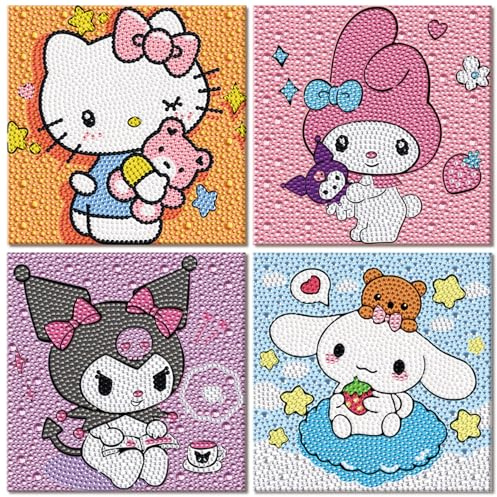 HuazhiJing 4 Stück Diamond Painting Kinder Mädchen, Diamant Painting Kinder Anime Bilder Diy Kreativ Geschenk, Diamond Painting Kleine Bilder Bastelset ab 6 7 8 9 10 12 Jahre 15x15cm
