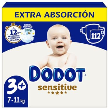 Dodot Sensitive Pañales Bebé Talla 3 (6-10 kg) – 112 Pañales Ultra Absorbentes Hasta 12 h Protección Antifugas Cuidado Piel Sensible Suaves Indicador Humedad Pañales Desechables
