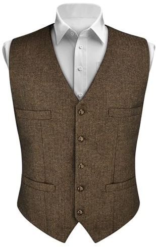 AUYAO Herrväst Herr Tweed Kostymväst Bröllopsfest Passform Väst Kostym 1920-tals Herrkostym Mäns Kostymer & Blazers Herr Elegant Kläder Herr V-ringad Kostymväst Knappad Fiskben Väst, L