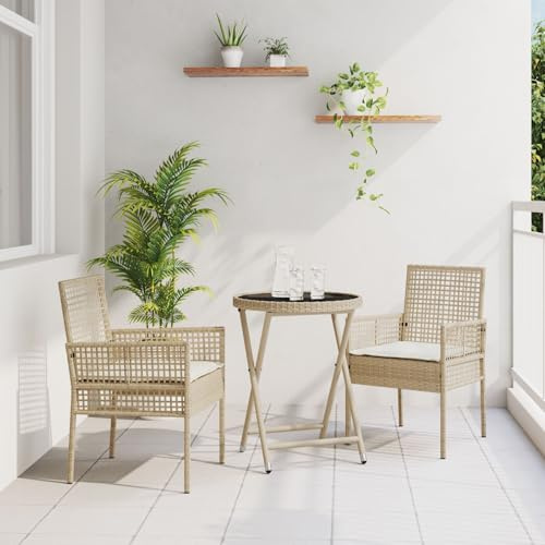 SKTQYQO 3-teiliges Gartenmöbel-Set mit beigefarbenen Kissen aus Polyrattan, runder Klapptisch und Stühlen für den Außenbereich, robustes Material und gehärtetes Glas, ideal für die Terrasse, ideal für