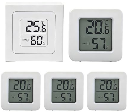 4 Piccolo Igrometro Imidità Casa,Mini Igrometro Termometro Digitale LCD,Igrometro Termometro per Interni,mini termometri digitali,con Emoji,per uffici e case (Bianco)