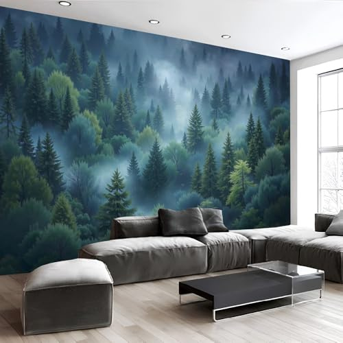 NAWVNMI Carta Da Parati Fotografica Nebbia Foresta Sempreverde Fotomurali Verde Scuro - Vento Naturale Carta per Pareti Soggiorno Camera Da Letto Fotomurali In Tessuto Seta (250 x 175cm)