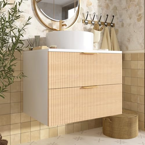 BNUZ Mueble de baño montado en la pared con lavabo redondo de cerámica, 45 x 60 x 60 cm, cajones frontales de aspecto de madera con diseño de rayas simples, tablero de MDF, 2 cajones + encimera