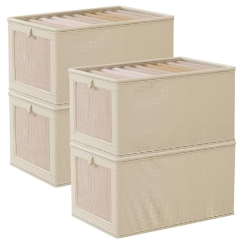 Wardrobe Storage Organizer Foldable – 4 Pcs Drawer Organizer Clothes Storage Boxes with Lids & Clear Window, Shelf Stackable Clothing Storage Boxes for Underwear Jeans Pants Shirts Leggings Toys