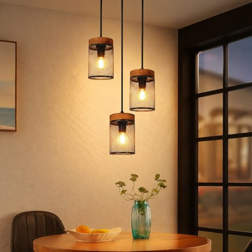ZMH Hängelampe esstisch 3 flammig Schwarz Pendelleuchte Holz Vintage | Esszimmerlampe E14 Hängeleuchte im industrial Style Esstischlampe für Wohnzimmer Esszimmer Küche Cafe - Ohne Leuchtmittel