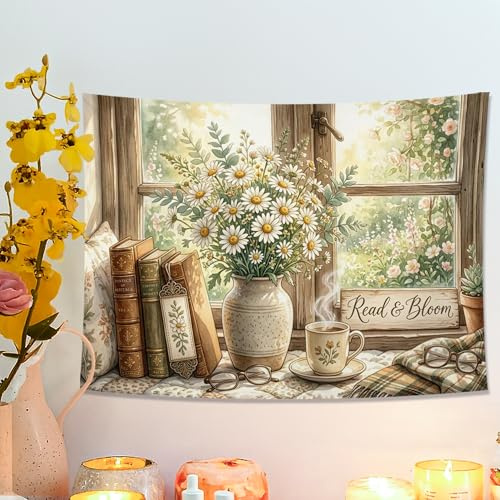 Arazzo con fiori e libri di crisantemo, accogliente vintage decorativo da parete, arazzo estetico per soggiorno, camera da letto, angolo lettura, 121 x 91 cm