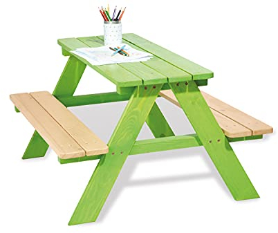 PINOLINO Nicki 4er Kindersitzgruppe - Kindertisch - Picknicktisch aus Massivholz, Kinder Spielbar - Langlebige Sitzbank für draußen, Kindergartenmöbel ab 2 Jahren, Outdoor-Tisch 90 x 79 x 50 cm, Grün