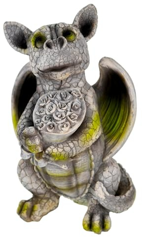 Kremers Schatzkiste Gartenfigur Süsser Drache mit Blumenstrauss 25cm Dekoration Deko für den Garten Drachenfigur Vaklentinstag Geschenk
