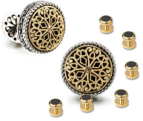 Silver Clover 18K Gold & Platinum Plated Cufflinks for Men - Vintage Floral Celtic Knot Design with 6 Matching Shirt Studs, Perfect for Weddings, Business & Formal Attire