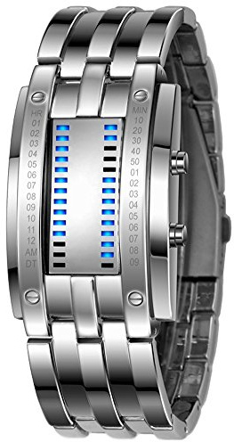 FANMIS Kreative Herren-Armbanduhr, Binär-Matrix, Blaue LED-Digitaluhr, modisch, klassisch, schwarz, beschichtet, wasserdicht, LED-Hintergrundbeleuchtung, Armbanduhren, Silber, Digitales Quarz-Uhrwerk