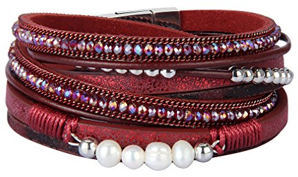 JOYMIAO Frauen Lederarmband Multilayer geflochten Boho Pearls Wickelarmband für Mädchen (Rot) …
