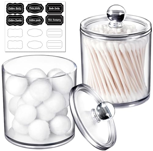 SheeChung Clear Acrylic Qtip Holder with Labels–Shatterproof Plastic Apothecary Jars for Bathroom Organization–Vanity Cotton Swab Holder Canisters for Cotton Balls, Pads, Floss Picks-Minimalist Decor