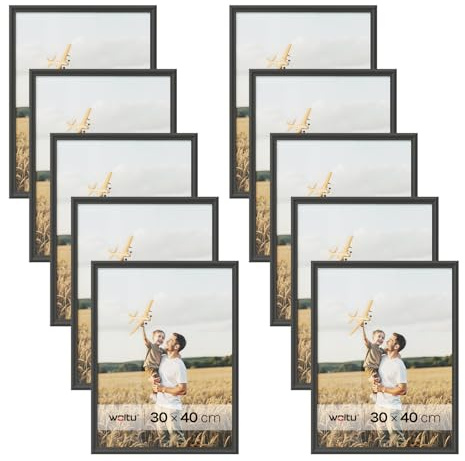 WOLTU Bilderrahmen 30x40cm 10er Set Fotorahmen Holzrahmen mit Passepartout, zum vertikalen oder horizontalen Aufhängen/Aufstellen, Posterrahmen Collage Wanddeko, Schwarz