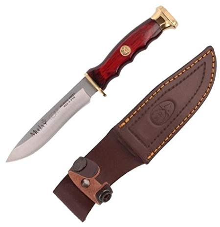 Muela Cuchillo de caza COMF-10 con hoja de acero inoxidable ACX-380 de 10 cm y empuñadura de madera de coral para Caza, Pesca, Supervivencia y Bushcraft + Portabotellas de regalo