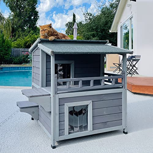 Aivituvin 2 Story Cat House with Large Balcony, Indoor Cat Condo Outdoor Cat Shelter, Wooden Kitty Home with PVC Door Strip
