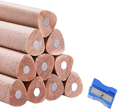 Buspoll 10 Stick HB Pencils Unpainted Natural Wood Grain Triangular for Kids Stationery
