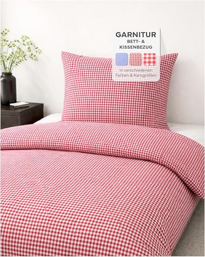 texpot Landhaus Bettwäsche Garnitur 2-teilig 155 x 220 cm + 80 x 80 cm kariert rot-weiß Reißverschluss