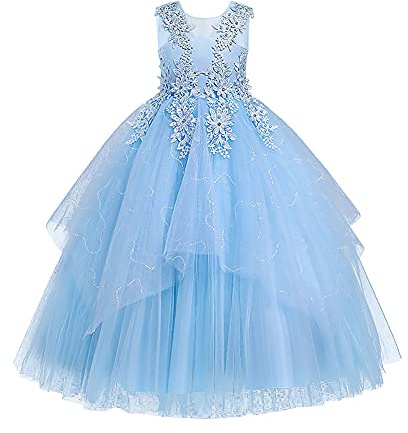 Pageant Dresses for Girls Sleeveless Floral Lace Princess Tulle Tutu Big Little Girls Junior Bridesmaid Dresses Wedding First Communion Pageant Birthday Christmas Party Maxi Prom Gown Blue 5-6 Years