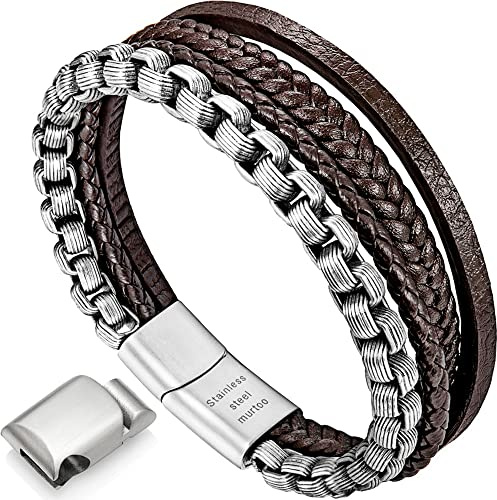 murtoo armband herren lederarmband herren lederarmband für männer edelstahl armband(braun,silber,23cm)