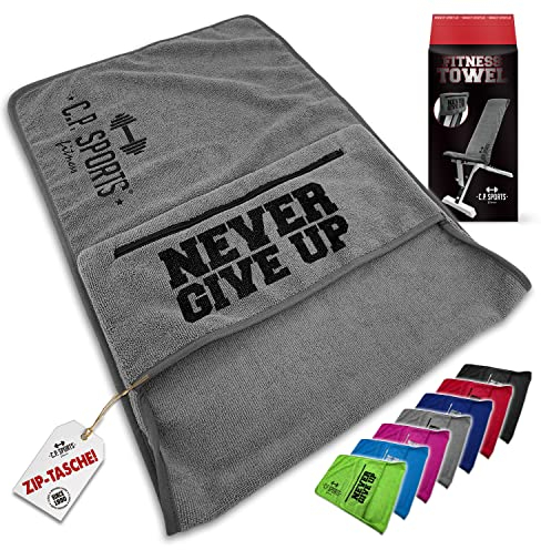 C.P. Sports Fitness Handtuch Towel Mikrofaser | Befestigung + Reißverschlusstasche | Gym Training Sport | Extra weich, waschbar, lang und groß | für Damen und Herren | Farbe Hellgrau