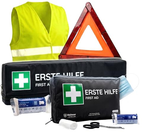 KFZ-Verbandtasche inkl. Warndreieck und Warnweste nach aktueller DIN 13164:2022 | Gültig für 2026 | Verbandkasten/Erste Hilfe Set für PKW/Auto/Motorrad (KFZ-Verbandtasche einfach + lang)