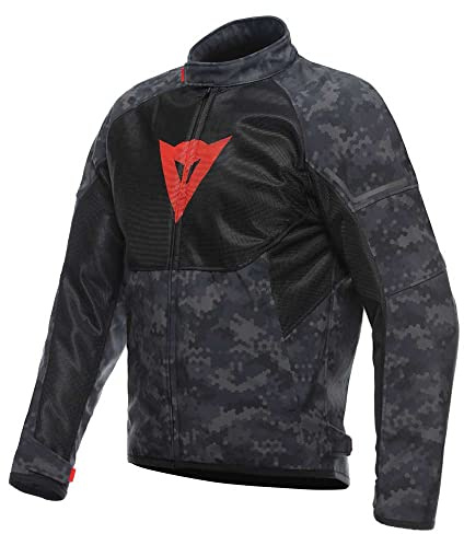 Dainese - Ignite Air Tex Jacket, Chaqueta de Moto de Verano, Tejido de Malla, Chaqueta de Moto para Hombre, Protecciones Suaves, Gris Camo/Negro/Rojo Fluo, 44