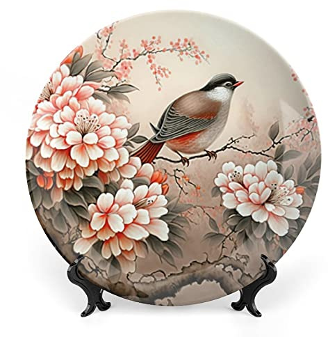 Gokays Decorative Plates, Chinese Bird & Flower Painting Ceramic Plate, Wobble-Plate with Display Stand, Home Decor for Living Room Bedroom, Farmhouse Wall Hanging Round Plate Sign 7 Inch